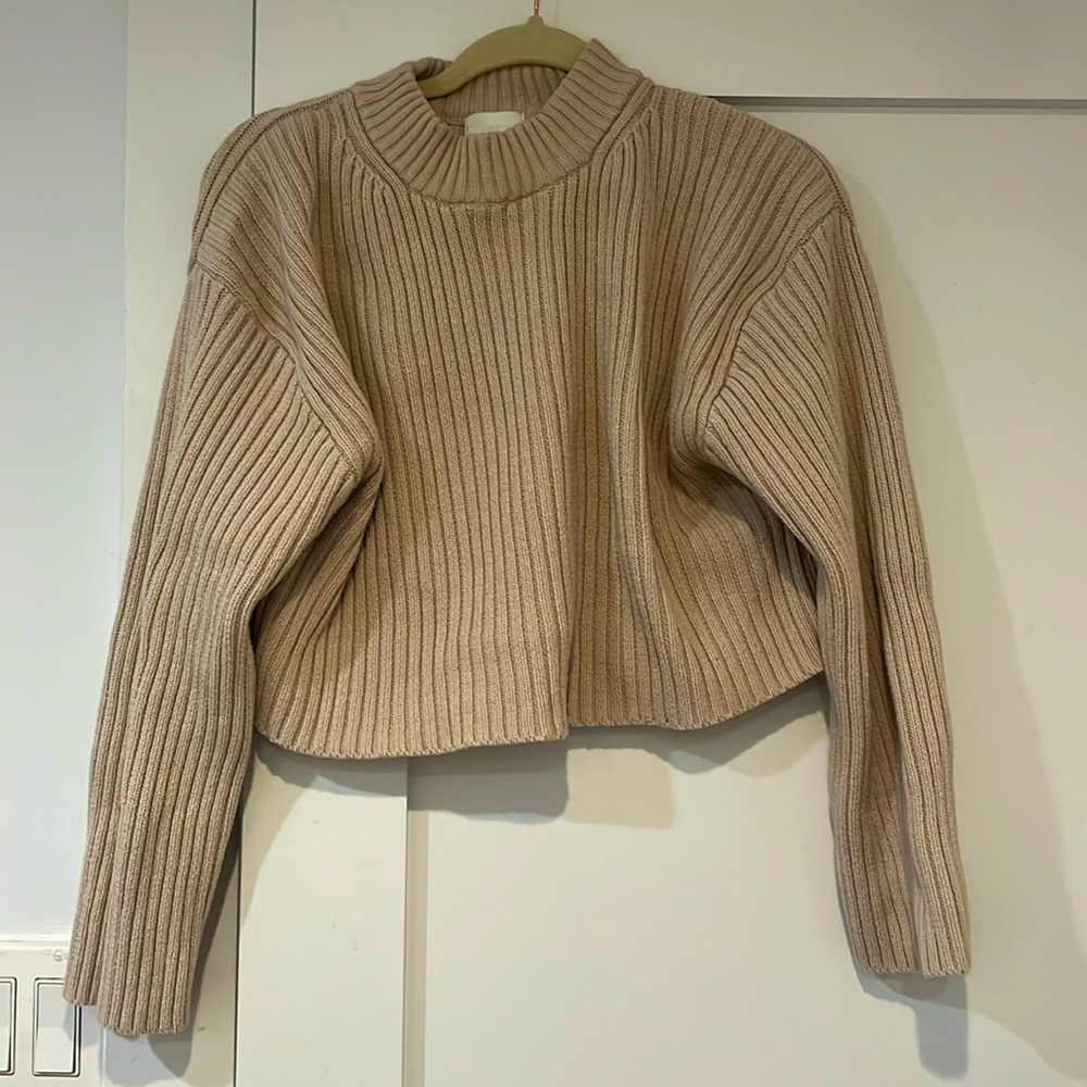 cropped cream ribbed mock neck sweater